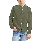 Mafulus Boys Button Down Linen Shirt Long Sleeve Mandarin Collar Loose Fit Casual School Summer Top