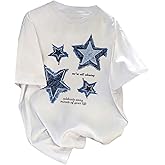 RoseSeek Girl's Drop Shoulder Letter Star Print Tee Tops Loose Short Sleeve Crew Neck T Shirts