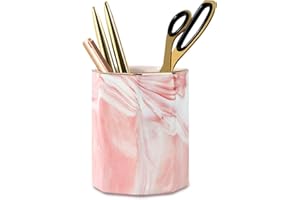WAVEYU Pink Pen Holder for Girls, Marble Ceramic Pencil Cup, Desk Organizer Decor for 2023 Graduates, Durable Makeup Brush Holder for Office, School, Classroom, Home, Pink Marble
