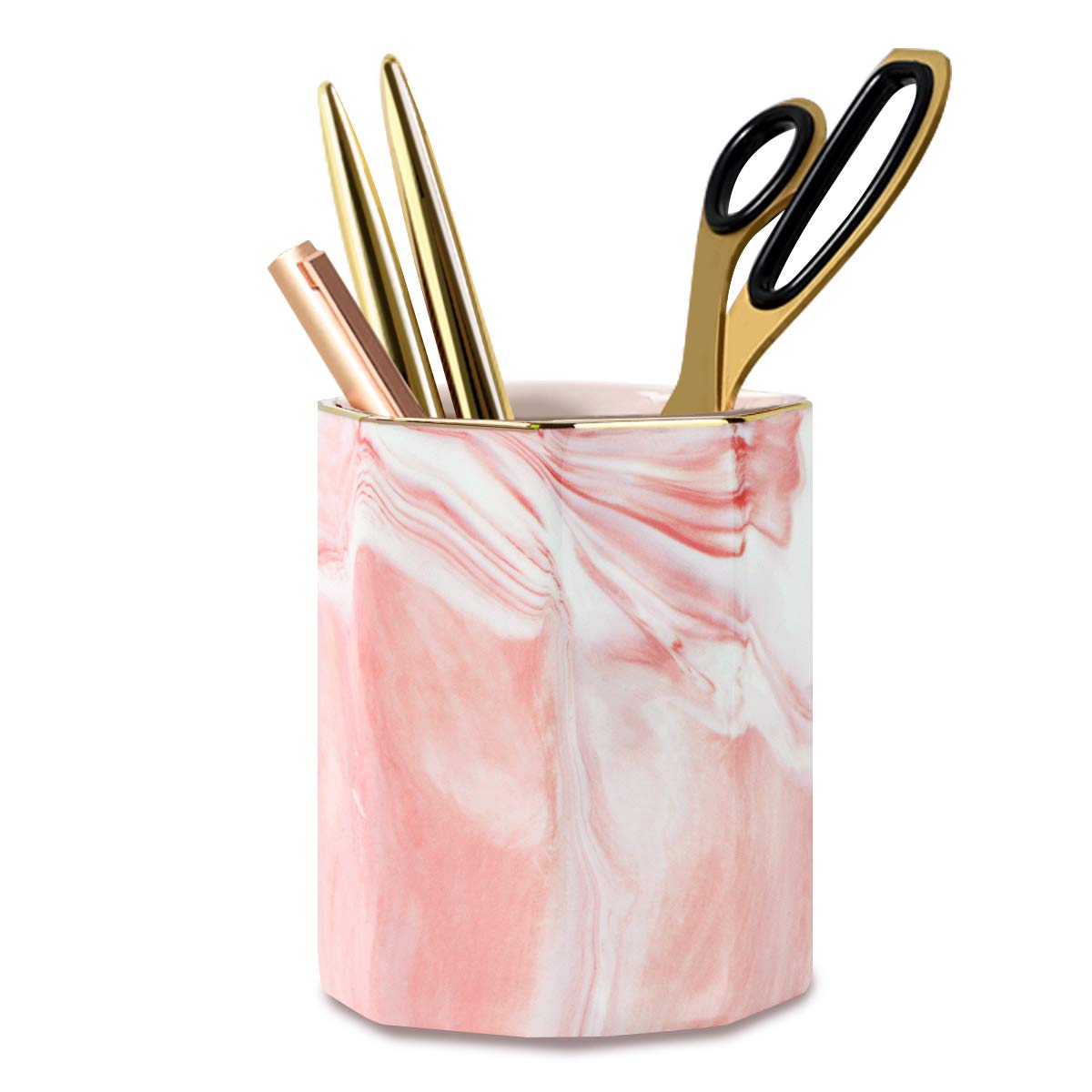 WAVEYU Pen Holder for Girls, Stand for Desk Marble Pattern Pencil Cup for Kids Durable Ceramic Desk Organizer Makeup Brush Holder for Daily Use in Office, Classroom, Home, Pink Marble