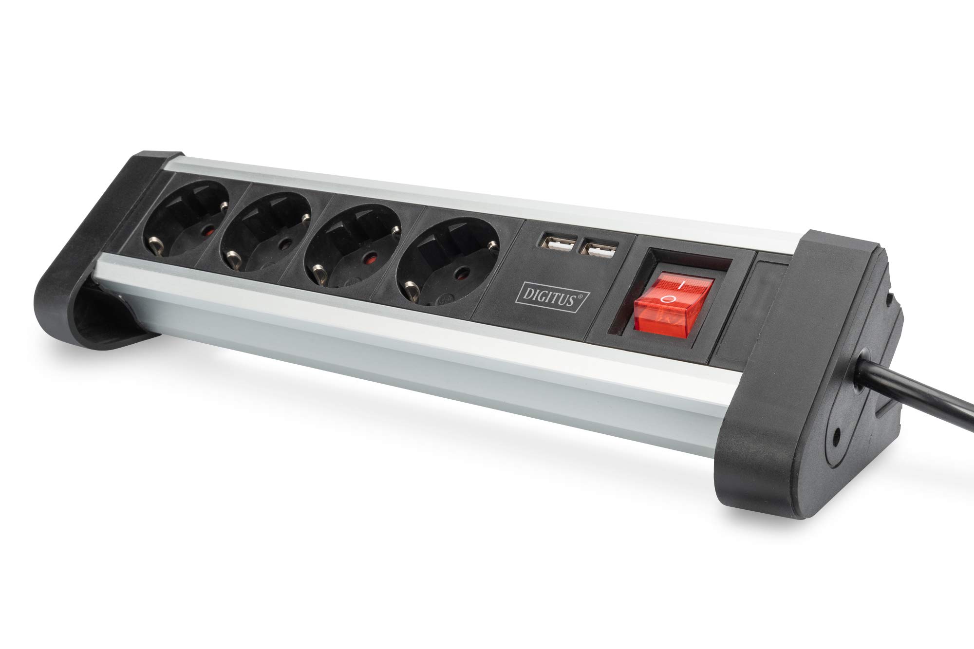 DIGITUS 4-way Office Power Strip with 2x USB On/Off Switch, Alu-housing, USB out: 5V/2A, bl/si