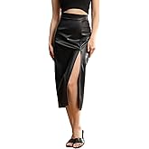 Velius Women High Waisted PU Leather Front Thigh Slit Wrap Midi Skirt Long Pencil Bodycon
