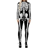Roevite Halloween Bodysuits for Women Skeleton Jumpsuit Long Sleeve Halloween Costume Zip-up Skull One Piece Outfit
