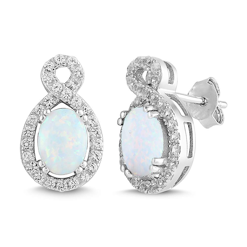 Lab Created Opal Earrings with Created White Sapphire Halos in Sterling Silver - 6 x 8 Oval Shape La