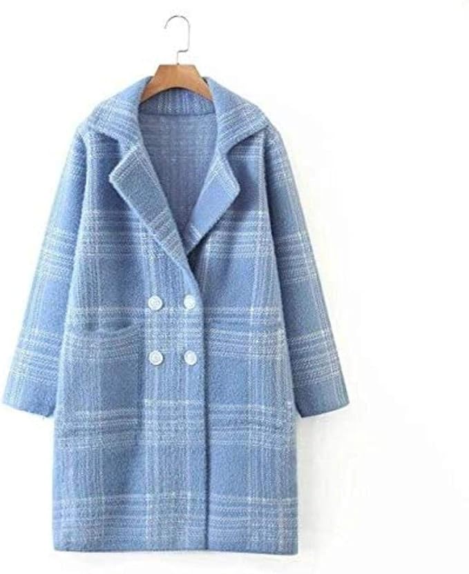 Women Blue Double Breasted Plaid Woolen Jacket Plaid Long Jacket Coat