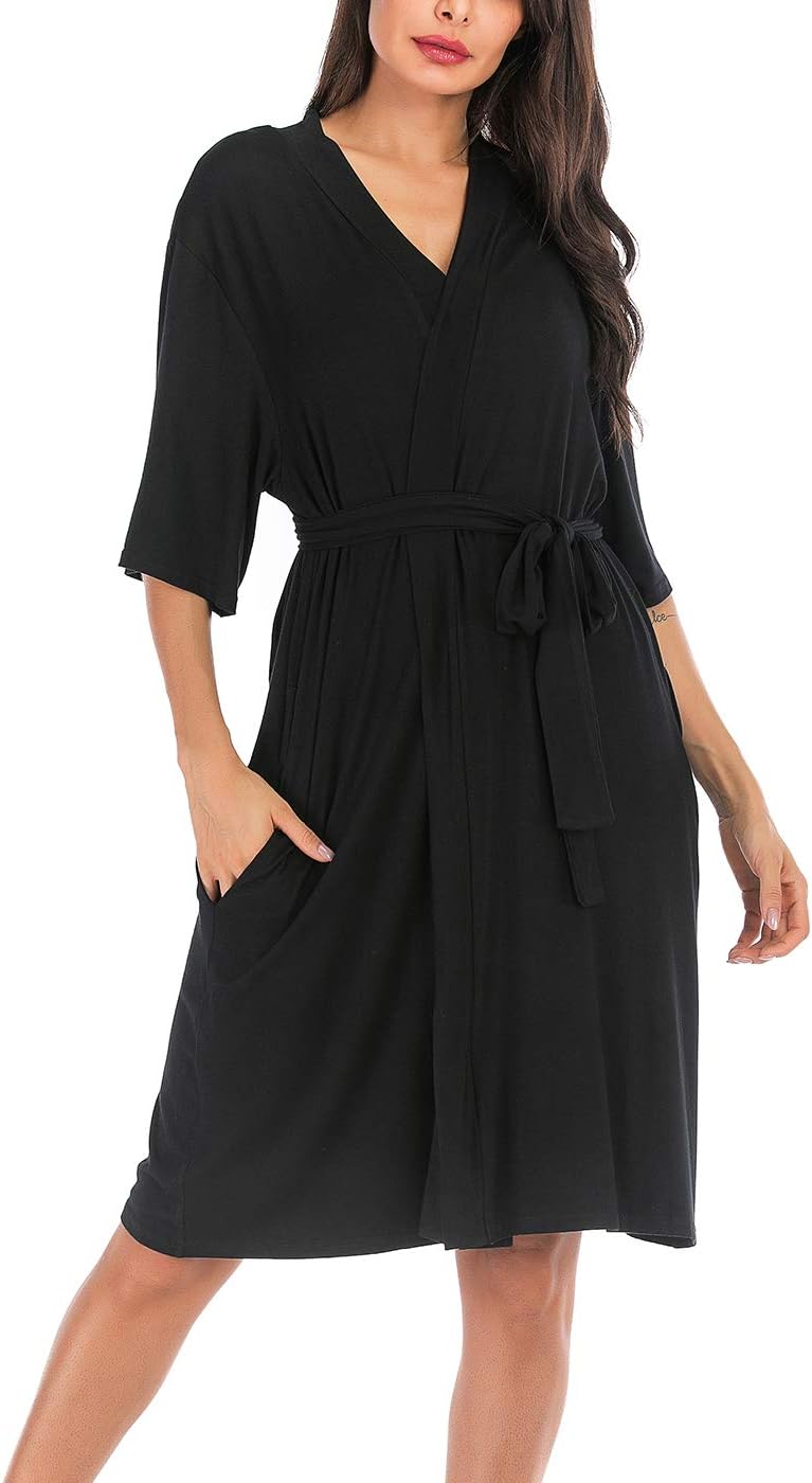 Womens Dressing Gown Cotton Kimono Robe,Short Sleeve V-Neck Lightweight Bathrobe for Spa Hotel Sleepwear