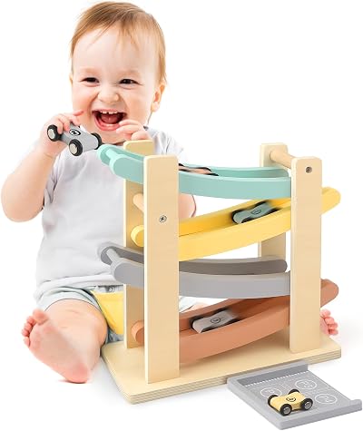 Vanplay Wooden Car Ramp Montessori Toy with 4 Mini Cars Garage kids 1-2