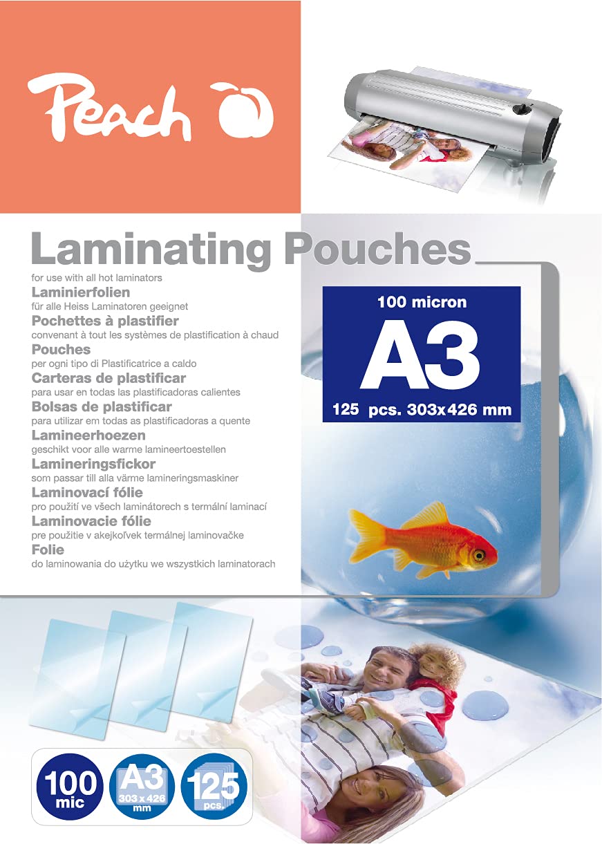 Peach Laminating Pouches A3 100 mic 125 Pouches Glossy Premium Quality for Best Laminating Results Compatible with Devices of All Brand Manufacturers PP500-01P