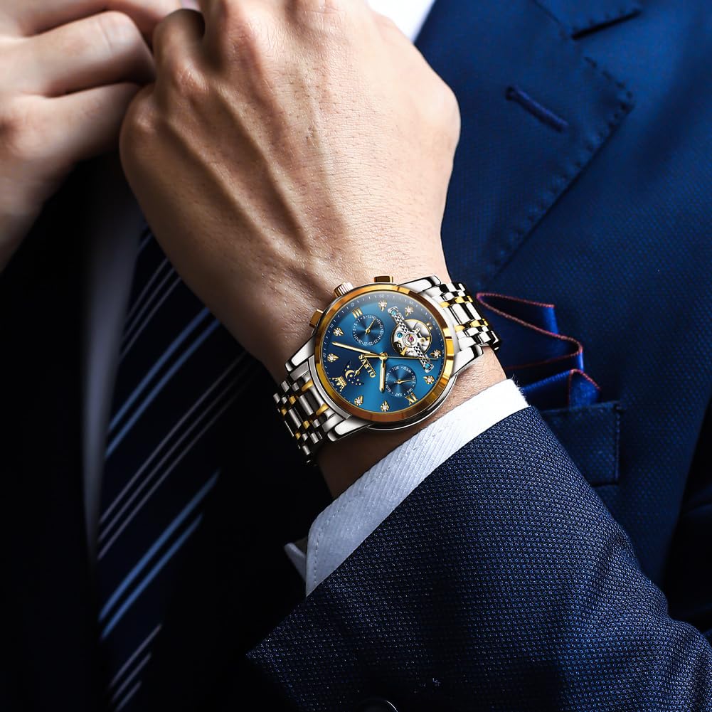 OLEVS Uhr Herren Automatik, Automatik Uhr Herren mit Mondphasenanzeige & Offenem Herzwerk, wasserdichte Herrenuhr Automatik Edelstahl, Uhren Herren für Alltag & Feierlichkeiten 2