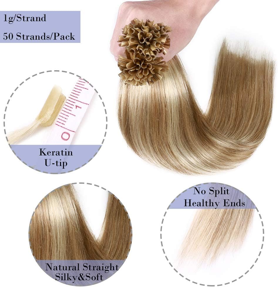 Silk-co U Tip Pre Bonded Hair Extensions Strands Keratin Nail Tip Straight Human Hair Extensions U tip Real Remy Hair 50 Strands Keratin Nail Til 24"-50g #12P613 Golden Brown&Bleach Blonde - Image 3