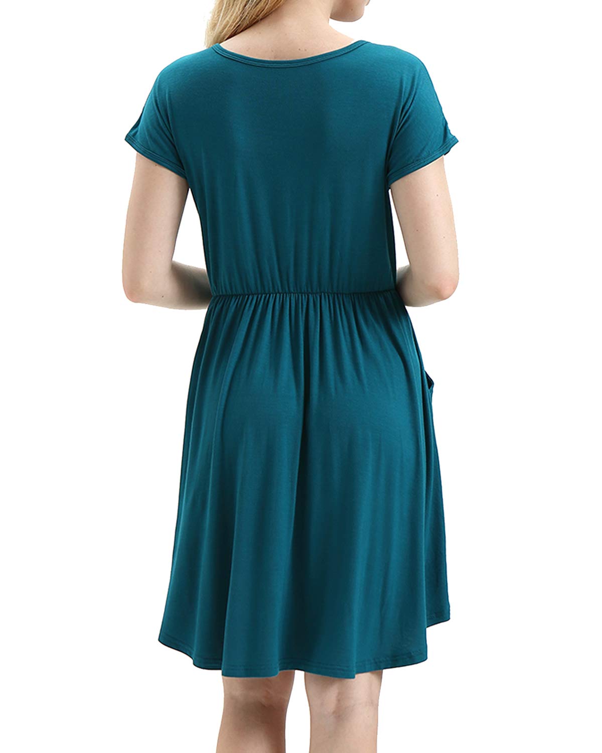HUALAIMEI Pleated Dresses for Women, Ladies Scoop Neck Short Sleeve Vintage Midi Dress Casual Long Tunic with Pockets Knee Length Shirts Dark Cyan L