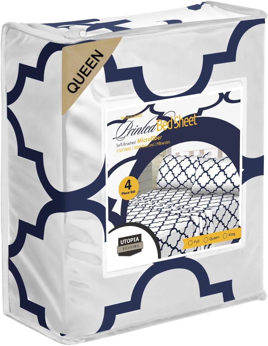 Utopia Bedding Printed Queen Sheet Set - 1 Fitted Sheet, 1 Flat Sheet and 2 Pillowcases - Soft Brushed Microfiber Fabric - Shrinkage and Fade Resistant (Queen, White Quatrefoil with Navy Pattern): Kitchen & Dining