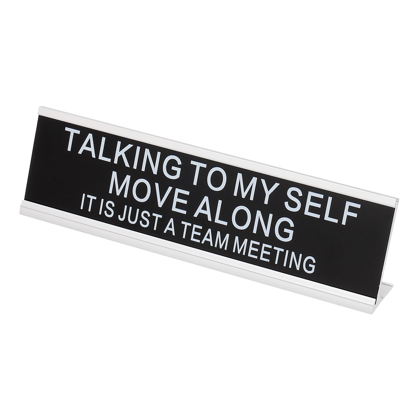 PATIKIL Funny Nameplate, 8"x2" Novelty Desk Sign Plaque Aluminum Desk Name Plate with Base for Office, Silver White (Talking To My Self Move Along it Is Just A Team Meeting)