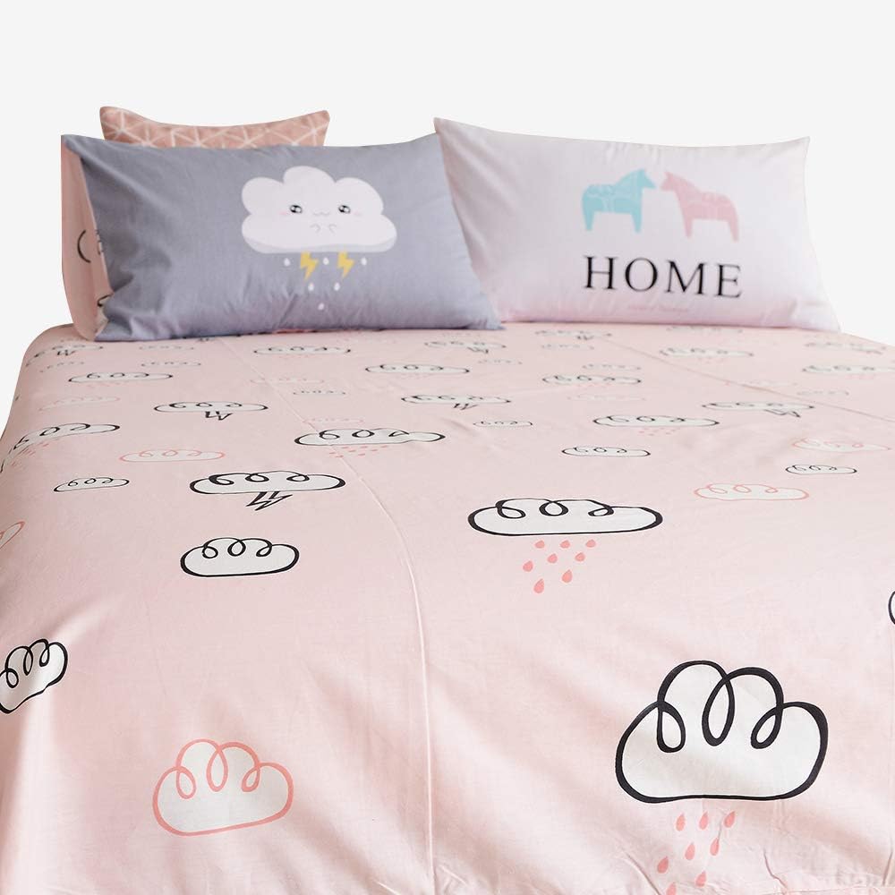 BuLuTu Fitted Sheet Queen Only Pink,White Cloud Rain Print Bed Bottom Sheet Queen Cotton,Premium Deep Pocket Fitted Sheet-Breathable,Durable and Comfortable,1 Piece