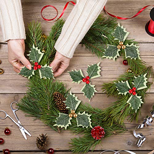 BigOtters Artificial Holly Berries with Green Leaves, 24PCS Gold and Red Holly Berry Flower with Leaves for Christmas Wreath Arrangement Cake Toppers Craft Wedding Party Home Gift Decorations