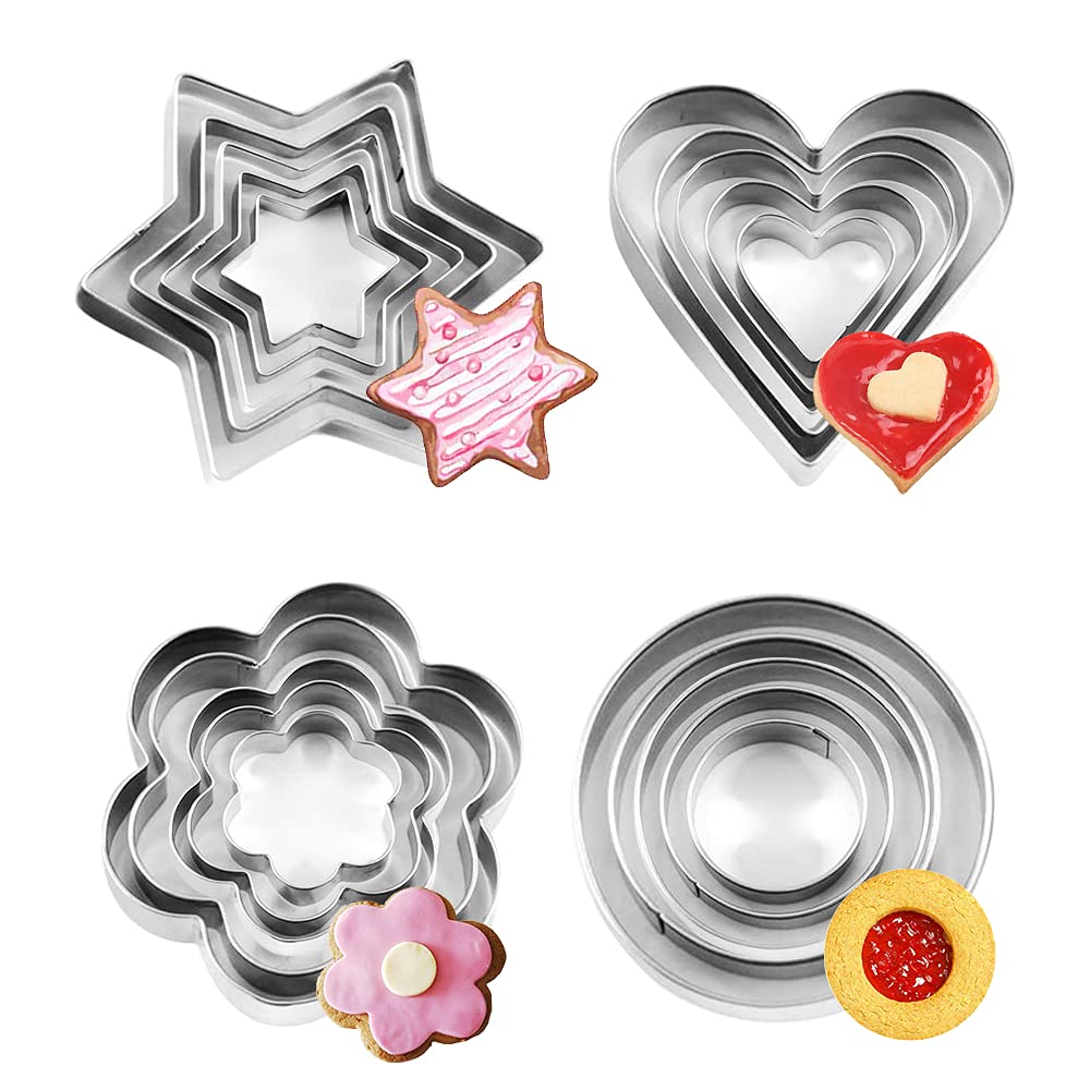 XCOZU 20 Pcs Cookie Cutter Set, Mini Stainless Steel Geometric Cookie Cutters Shapes Heart Star Flower Circle/Round Mould for Biscuit Pastry Baking Fondant Sandwich Cake Decorating Kids Clay Christmas