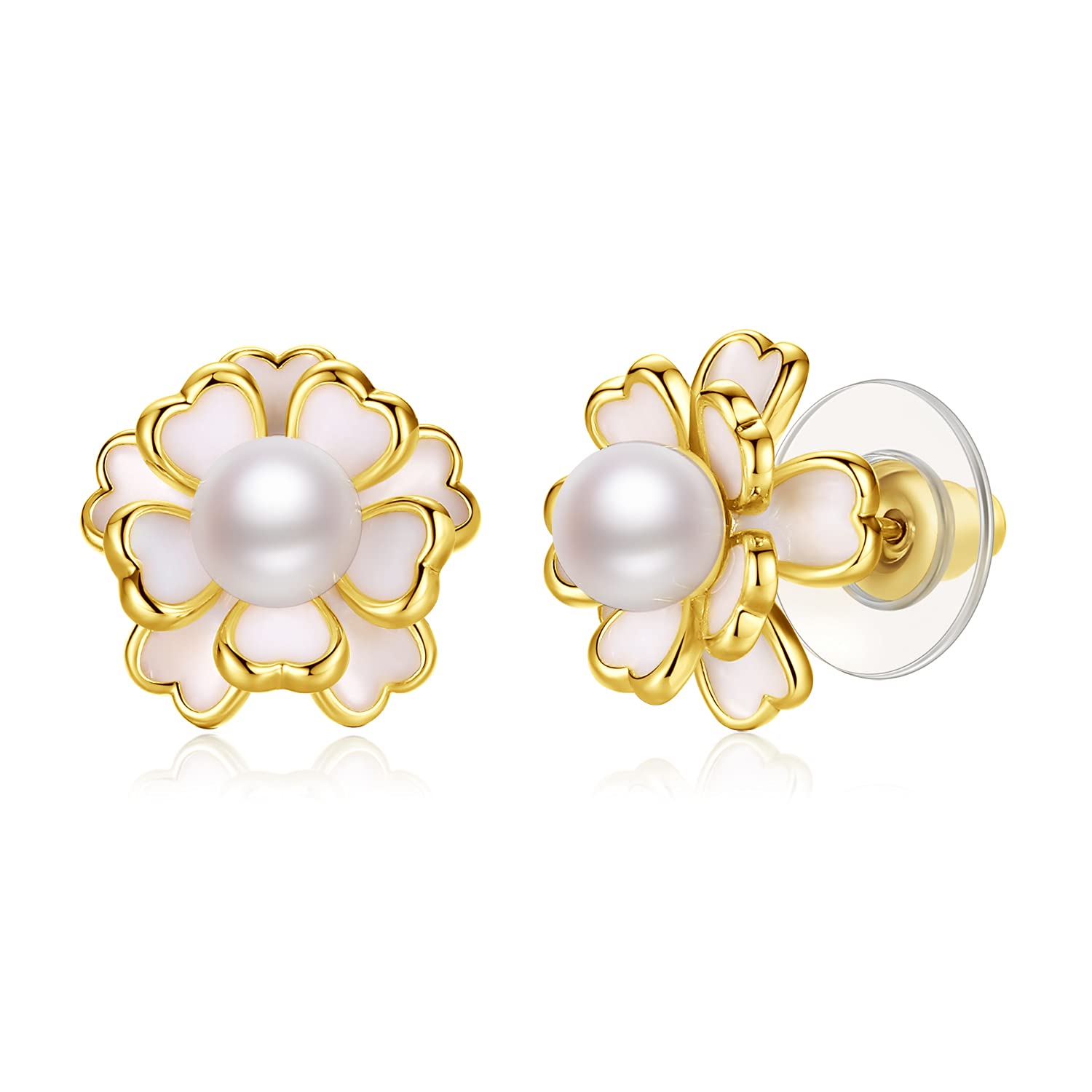 Freshwater Pearl Stud Earrings for Women | Pink Flower Love Heart Petals Pearl Stud Earrings