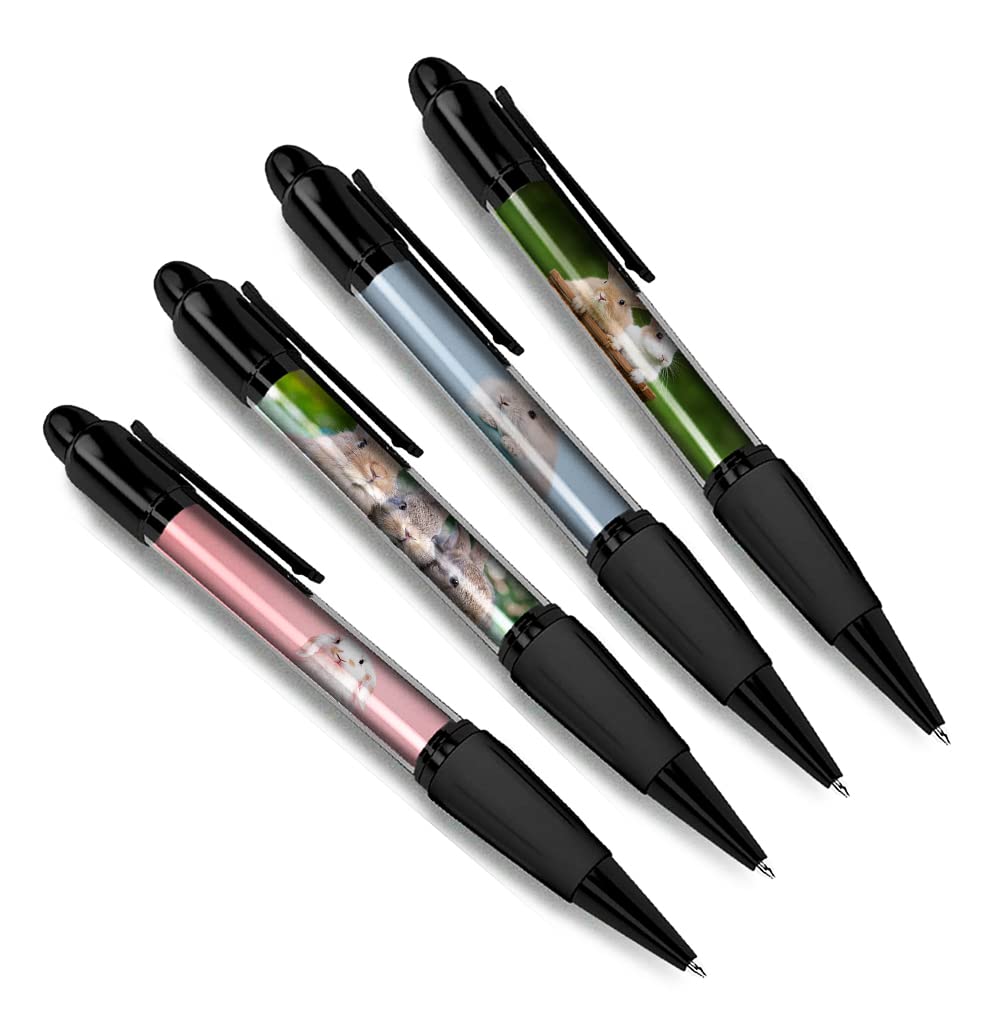 DV DESIGN Set of 4 Rabbit Black Ballpoint Pens - Bunny Easter Fluffy Cute Animals Pets Friends Boys Girls Men Women Theme Pen #79350