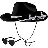 JICASTO Cowboy Hats with 6 Sequins Stars & Tiara Belt for Women Rodeo Party Hats with Heart Shaped Sunglasses