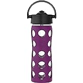 Lifefactory 16-Ounce Glass Water Bottle with Pivot Straw Cap and Protective Silicone Sleeve, Plum