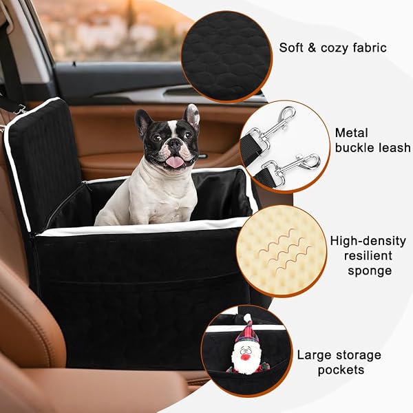SZEE DOG CAR SEAT FOR SMALL/MEDIUM SIZED DOGS UP TO 35 LBS, DOG BOOSTER CAR SEAT WITH DETACHABLE PROTECTIVE LEATHER COVER, SAVE CLEANING EFFORT, RECLINABLE BACKREST (BLACK)