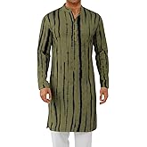 Runcati Mens Kaftan Robe Tie-Dye Long Sleeve Button Down Henley Shirts Thobe Hipster Print Side Split Gown Shirt
