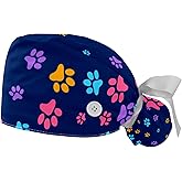 2 Pack Scrub Caps Surgical Hat for Women, Colorful Dog Cat Paw Prints Nurse Hat Unisex Tie Back Hat, Long Hair