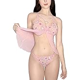 Littleforbig Women Nightwear Lace Babydoll Strap Chemise Halter Lingerie V Neck Sleepwear - Usagi Moon Teddy Friends