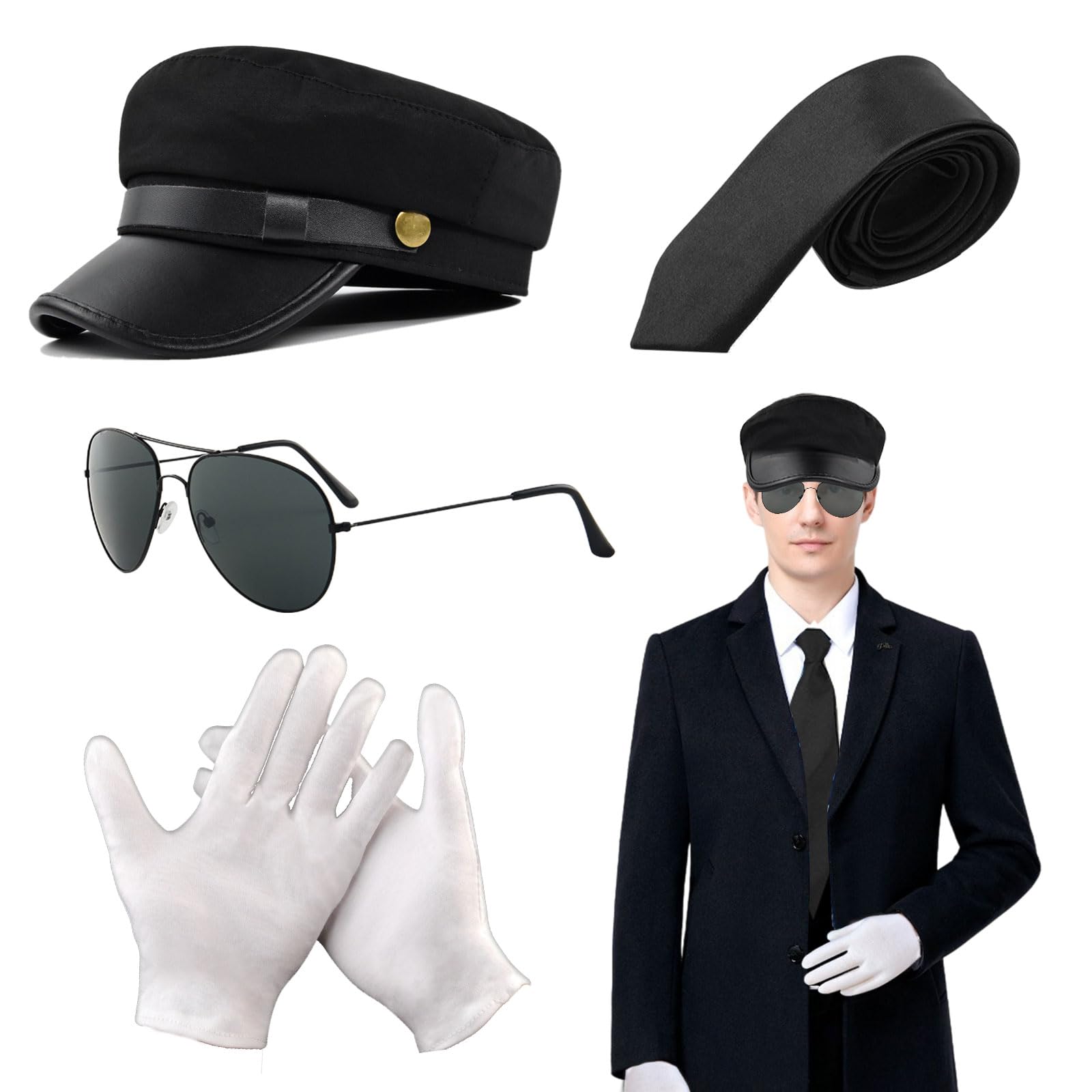 FUIPVGI 4 Pcs Pieces Chauffeur Costume Accessories Novelty Driver Costume Black Hat Sunglasses Tie gloves 1980s Novelty Limo Taxi Driver Fancy Dress for Adults Cosplay (black)