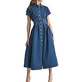 Women's Summer Denim Shirt Dress Lapel V Neck Short Sleeve Midi Jean Dress Button Down Long Dresses
