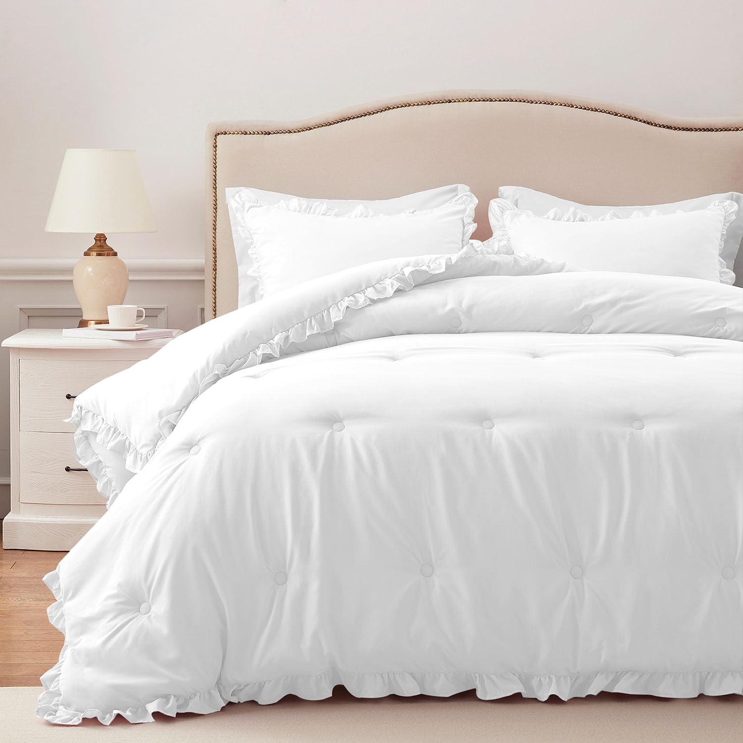 Photo 1 of HARBOREST Full Comforter Set White - Ruffle Comforter for Full Size Bed, Fluffy Full Size Comforter Set for All Seasons, 3 Pieces Shabby Chic Bedding Comforter Set(1 Comforter & 2 Pillow Shams)