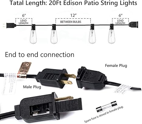 Goothy 20ft Outdoor Patio String Lights Set Of 20 Glass St40 Edison Style C9 E17 Base Bulb String Lights Garden Backyard Party Wedding Outdoor String Lights Plus 2 Extra Bulbs Black Amazon Co Uk Automotive