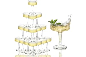 20 Pack Champagne Tower,7 oz Clear Plastic Champagne Coupe Glasses,Stackable Ribbed Martini Glasses, Unbreakable Acrylic Cock