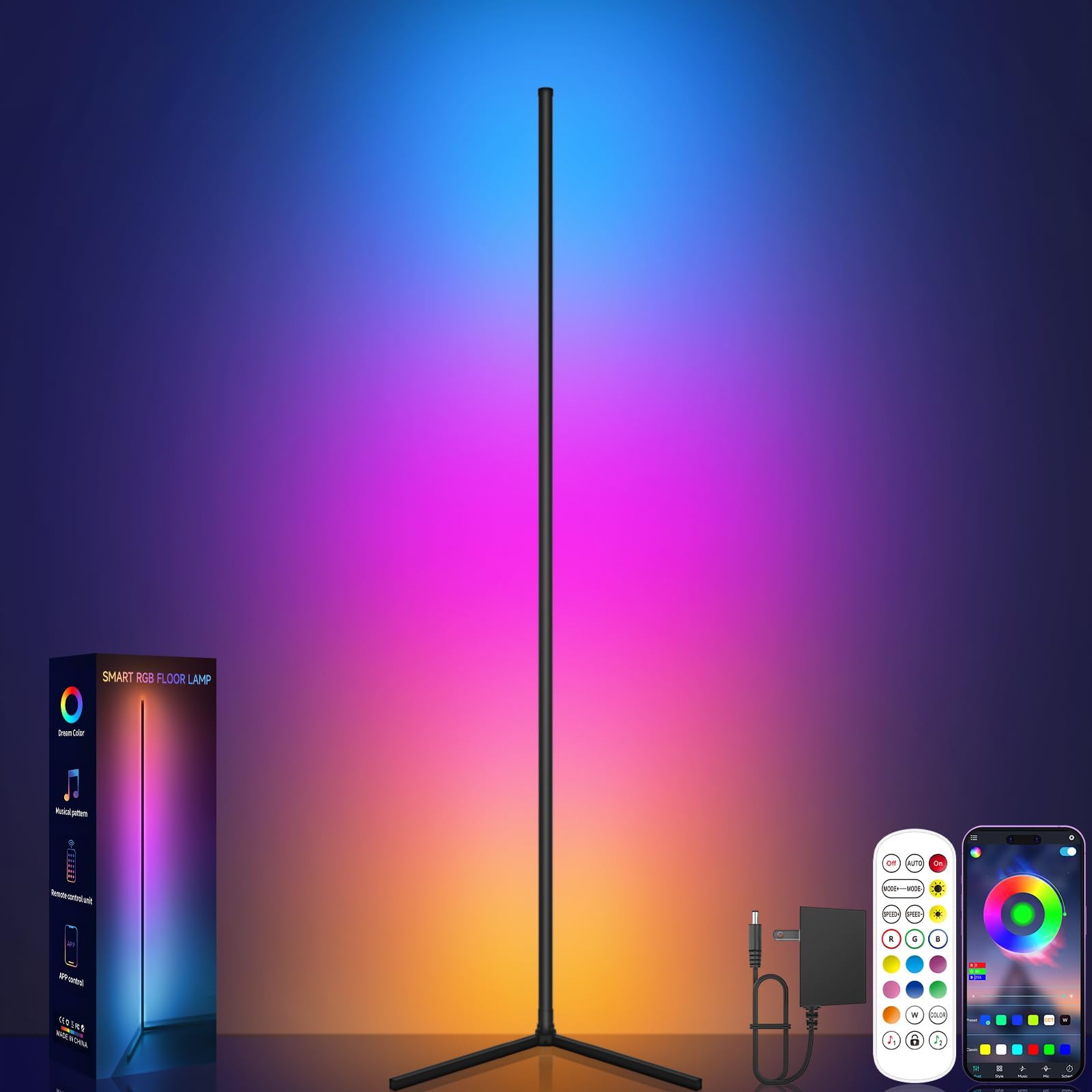 Tyute LED Floor Lamp, Smart RGB Corner Lamp, Dimmable Colour Changing Standing Lamp with APP & Remote Control, Music Sync, Modern Mood Corner Floor Lamp for Living Room, Bedroom, Gaming Room
