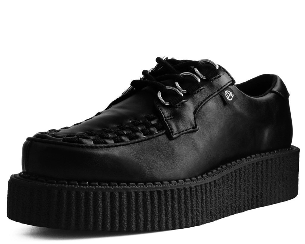 T.U.KAnarchic Creeper Shoes for Women and Men, Black Faux Leather, Round Toe, Woven Interlace, 3 D-Ring Lace-Up, Twill Lining, Foam Insole, Low Platform, Classic Style, US Women 13 / Men 11