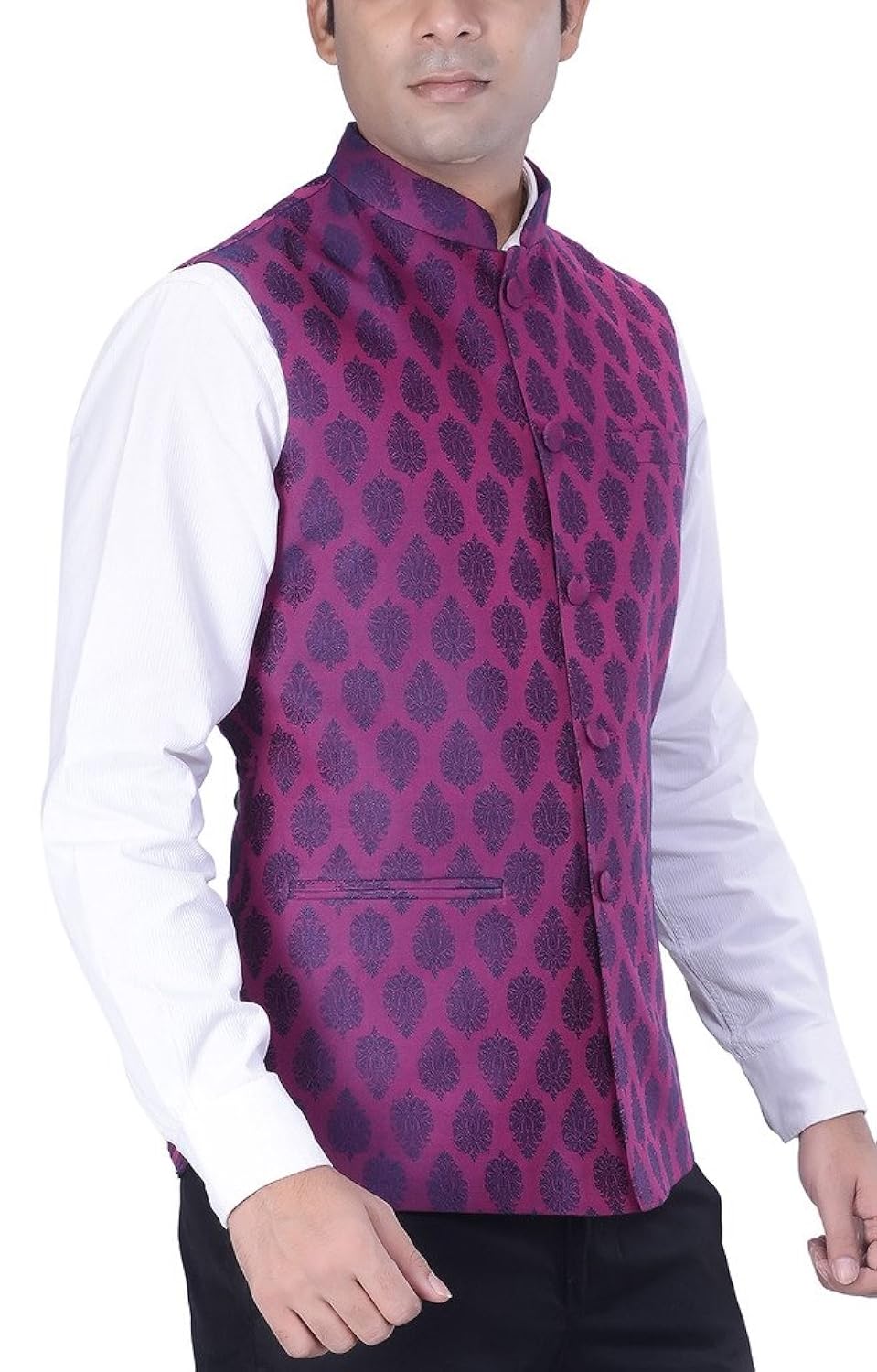 kisah men's woven cotton silk purple nehru jacket