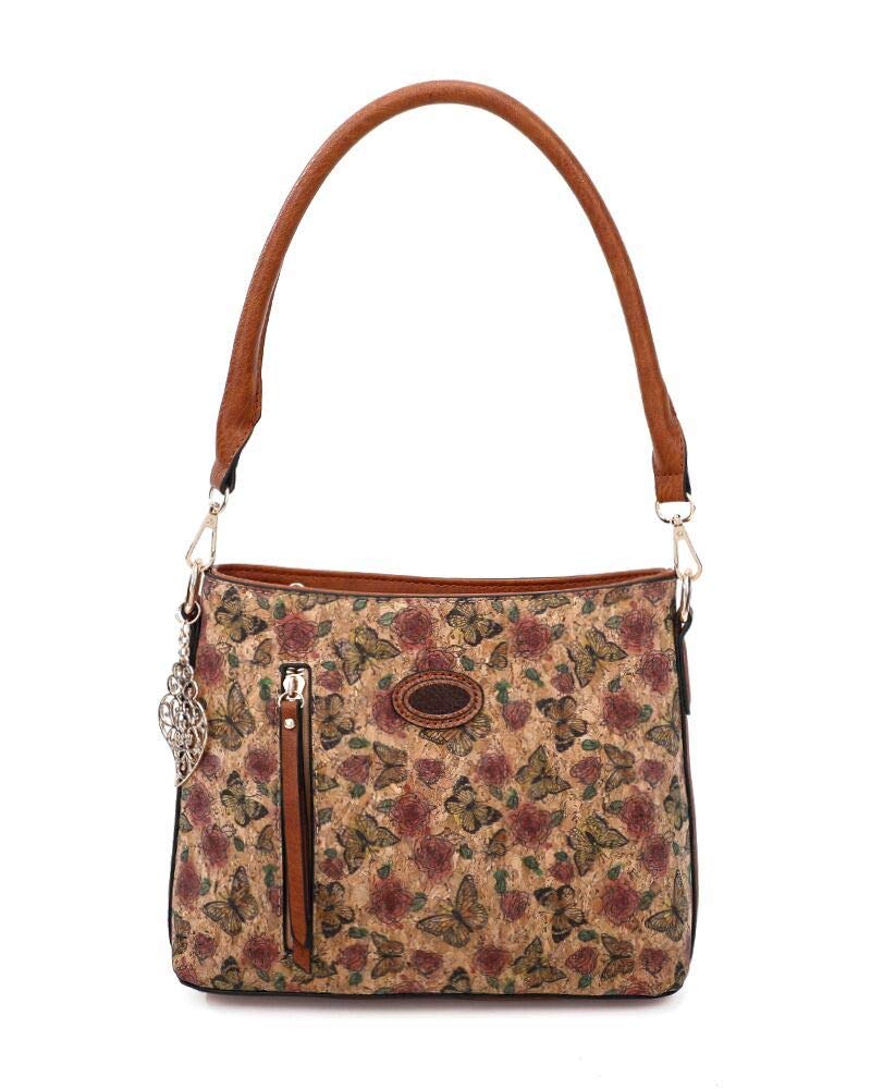 Fontanella Fashion Small Women Stylish Shoulder Handbag With Bark Tree Effect and Gold Decorative Leaf Charm (Butterfly)