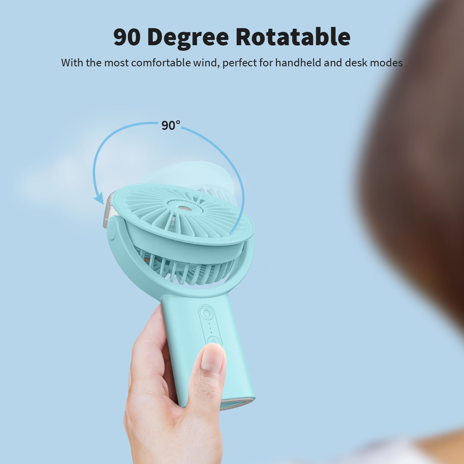 Otlonpe Handheld Misting Fan Portable, 4000mAh Rechargeable Small Personal Water Spray Hand Held Mist Fan Battery Operated, 90° Rotatable, Power Bank for Travel Home Office Men Women Kids (Blue)
