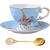 PANAOAHU Blue Tea Cup and Saucer Set, Bone China Tea Cup and Saucer with Spoon, Porcelain Floral Teacup Set with Gold Trim, Dishwasher Safe, Food Grade, Gift for Women, Mom, Friends, 6.8 oz
