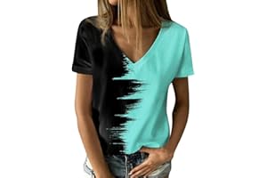 2024 Womens Summer V Neck Tshirts Trendy Casual Short Sleeve Basic Graphic Tees Breathable Colorblock Shirts Tunic Tops