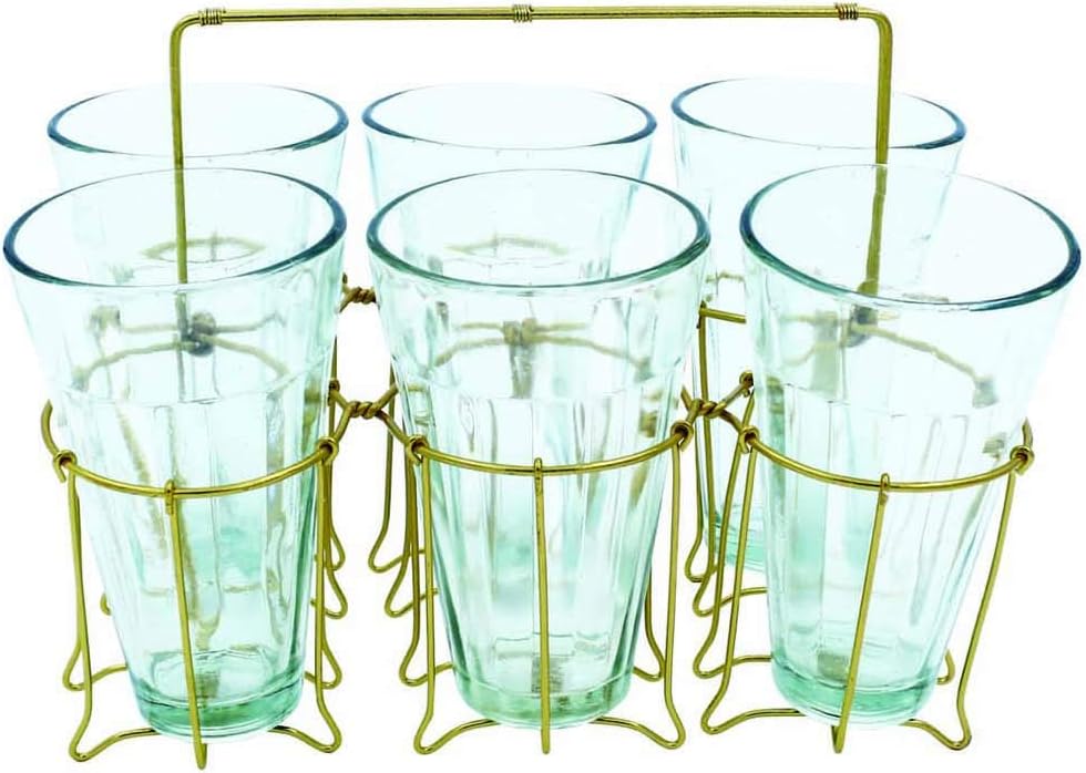 Foreside Home and Garden Brass Metal Entertaining Set with 6 Glass and Caddy