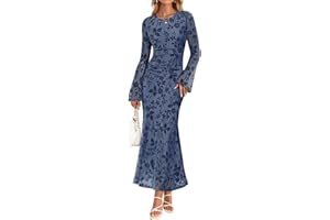 ZESICA Women's Long Sleeve Floral Bodycon Dress 2025 Fall Fashion Ruched Mesh Wedding Guest Cocktail Party Maxi Dresses