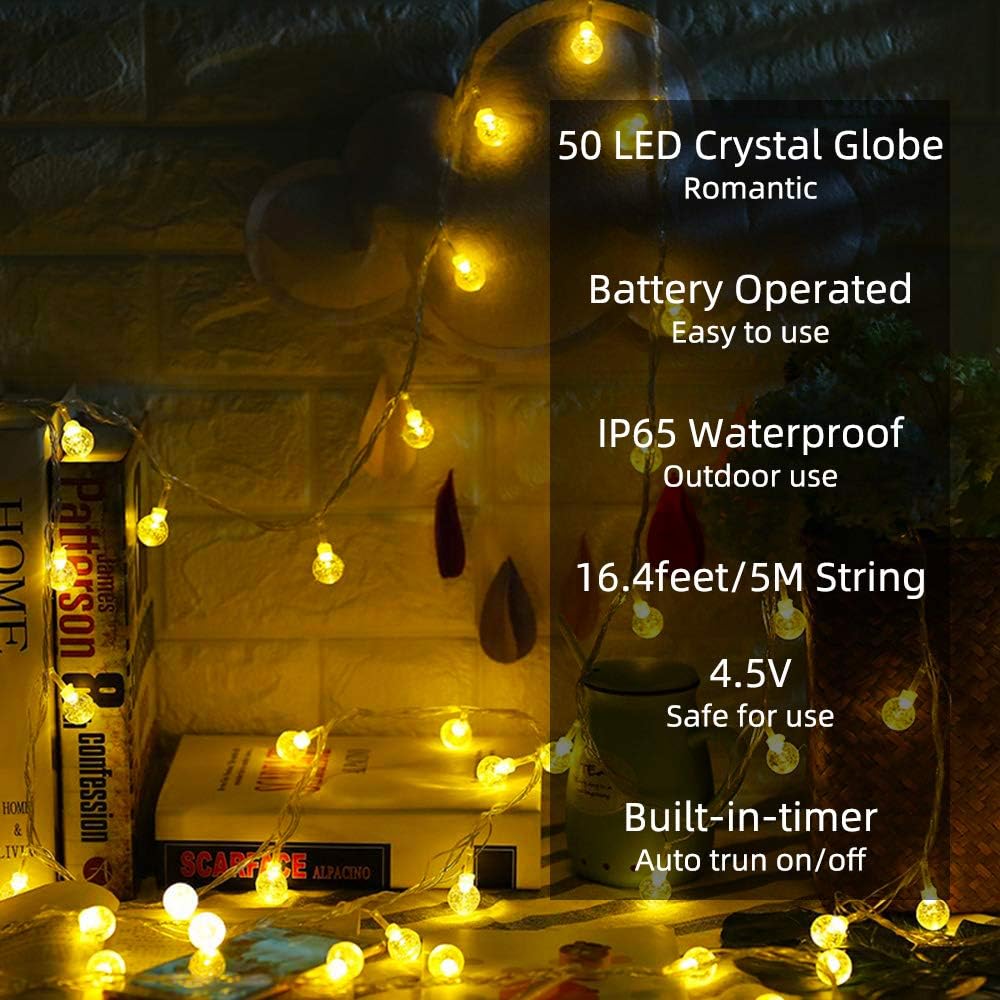 Globe String Lights Fairy Lights Battery Operated 16.4ft 50LED String Lights with Remote Waterproof Indoor Outdoor Hanging Lights Decorative Christmas Lights for Home Party Patio Garden Wedding Metaku - Image 3