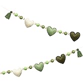 Sage Green Heart Decoration Pre-Strung Handmade Felt Heart Banner Wool Felt Ball Wooden Bead Garland Streamer for Baby Shower Birthday Anniversary Valentines Day Nursery Classroom Fireplace Home Decor