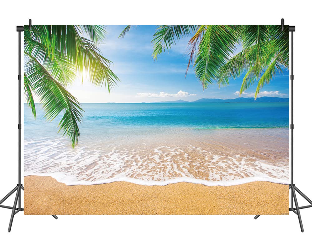 INRUI Tropical Beach Photography Background Summer Palm Trees Backdrop Blue Sea Sky Sunshine Luau Themed Backdrop (8x6FT)