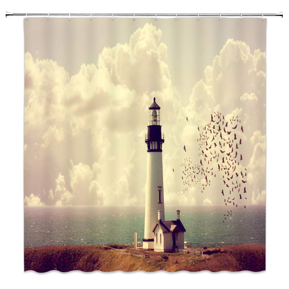 Seaside Lighthouse Shower Curtains Ocean Scenery Bathroom Decor Polyester Fabric Waterproof Bath Accessories Shower Curtain Sets 69 x 70 Inch Includes Hooks