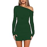 Mokoru Women's Sexy Elegant Off Shoulder Long Sleeve Ruched Bodycon Cocktail Party Mini Dresses