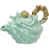 Creative Co-Op 28 oz. Stoneware Shell Shaped Teapot with Handle, Blue and Brown