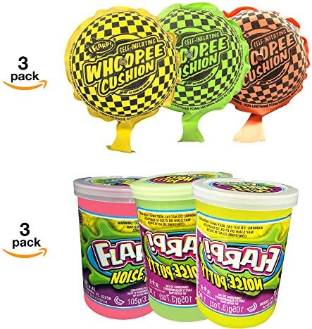 The #1 Whoopie Cushion [self-inflating] 3 pack + Fart Slime Putty [Super Soft] 3 pack - Amazons’ Favorite Prank Toys For Young Kids Combo [Surprise Colors] They make fart noises.