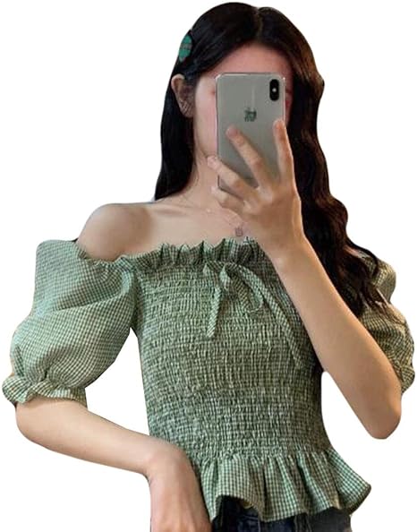 Amazon シジャァーノ 半袖シャツ 夏 トップス チェック柄 復古 レディース カットソー ギャザー スリム ブラウス 蝶結び 甘い 韓国風 シャツ お出掛け 女子会 チェックシャツ ファッション グリーン シャツ ブラウス 通販